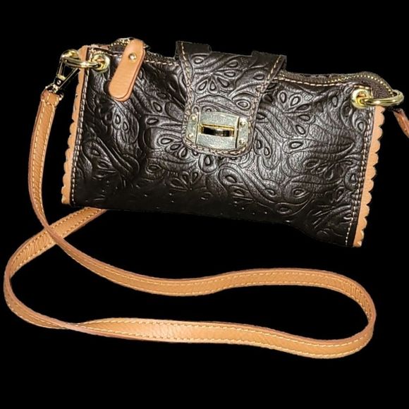 REAL LEATHER Made in Italy Embossed Design Crossbody HandBag - Picture 2 of 12
